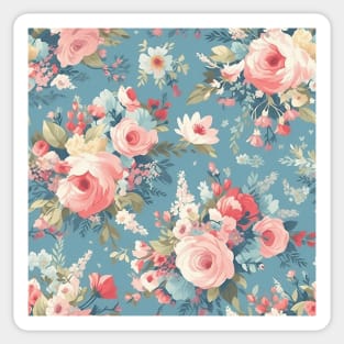 Shabby Chic Floral Flowers, Pretty Feminine Pattern on Blue Background Sticker